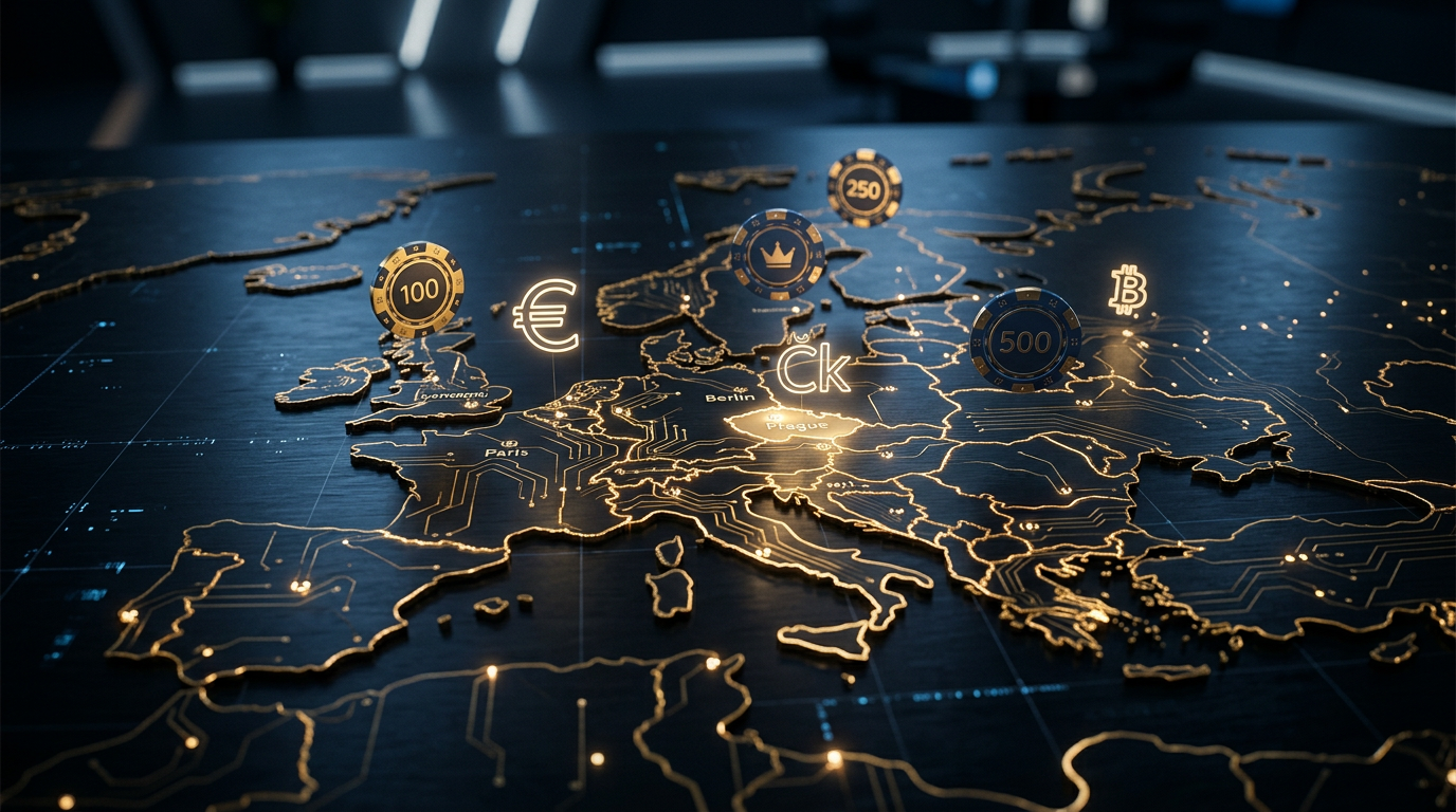 Zlatá digitální mapa s kasinovými žetony a měnami symbolizující globální iGamingový trh.