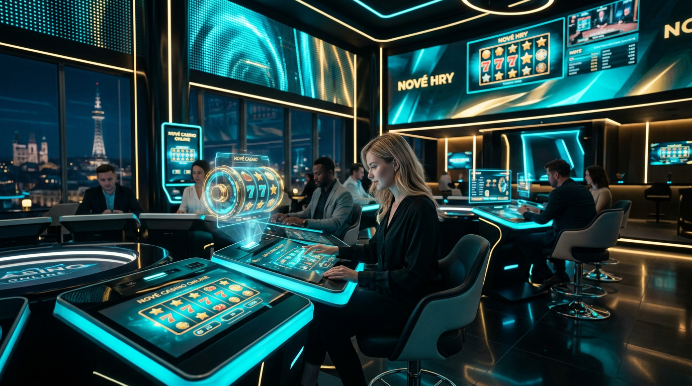 Interiér moderního online kasina roku 2026 s digitálními prvky