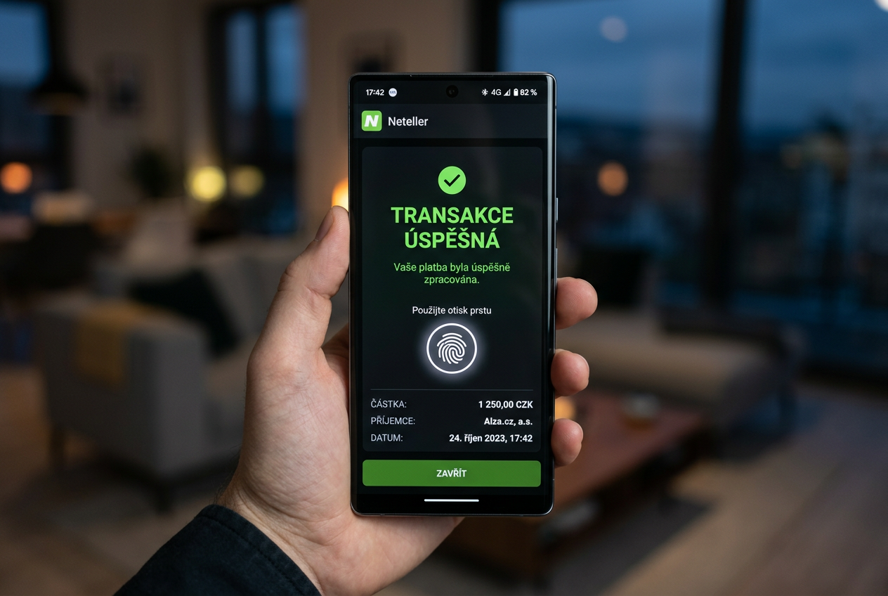 Mobilní aplikace Neteller zobrazující potvrzení platby biometrickým údajem