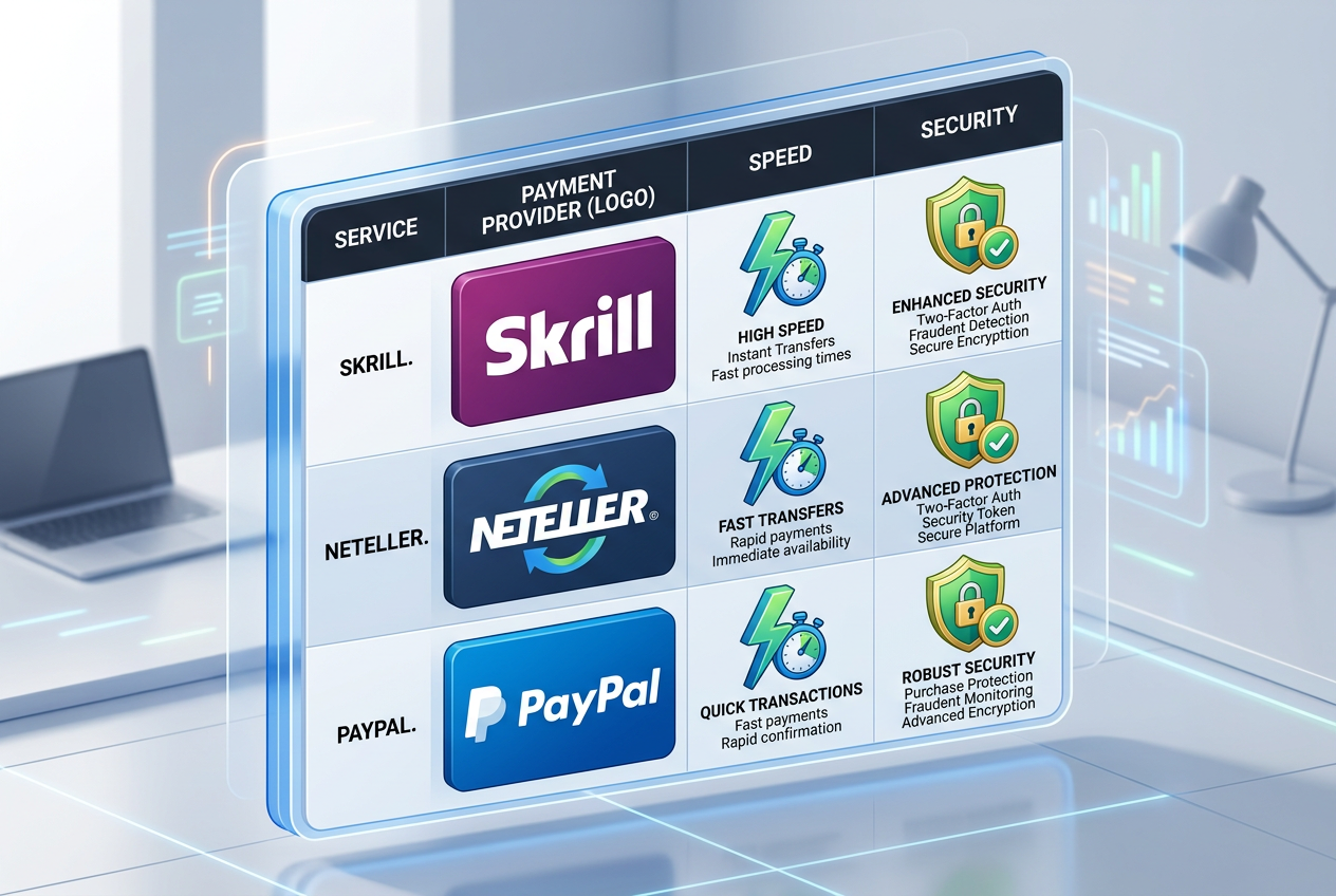 Srovnávací tabulka platebních metod v online kasinu včetně log Skrill, Neteller a PayPal