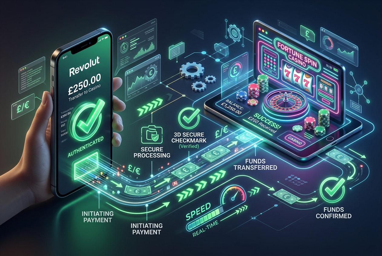 Infografika procesu vkladu do online kasina přes aplikaci Revolut