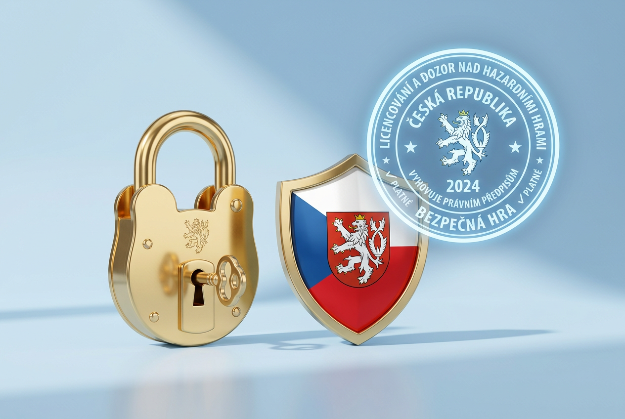 Symboly bezpečnosti, státní znak ČR a zámek reprezentující legální hazard